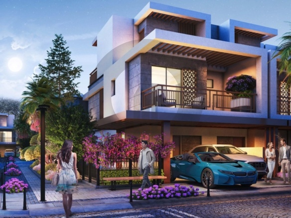 Violet 3 by Damac - townhouse exterior at entrance with parked car