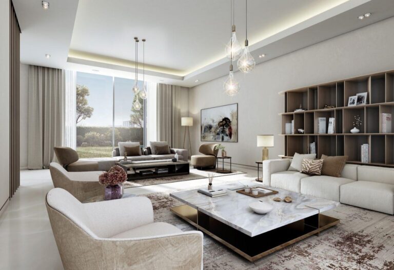 Sobha Elwood - living room with white sofas and dining area