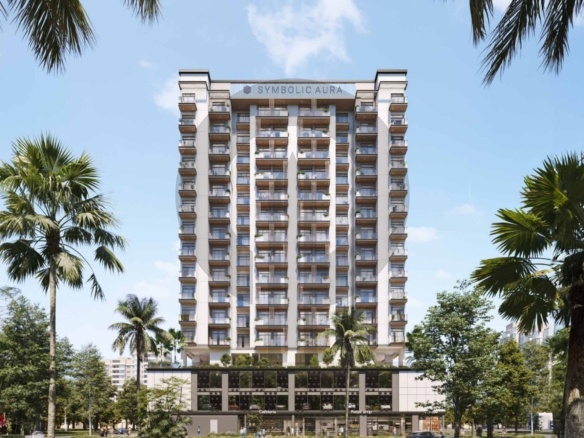 Symbolic Aura Apartments - residential tower exterior with palm trees