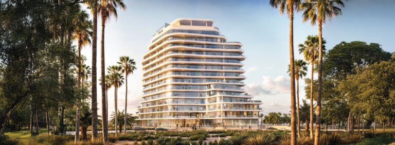 Pelagia at Al Marjan Island - curved apartment building with palm trees