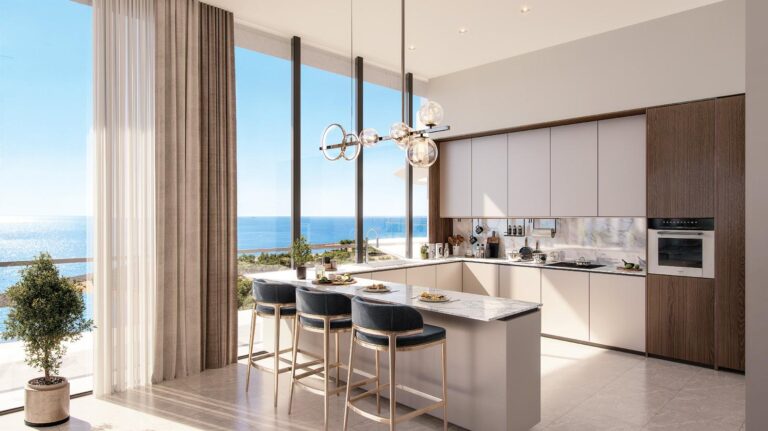 Pelagia at Al Marjan Island - kitchen with breakfast bar and sea view