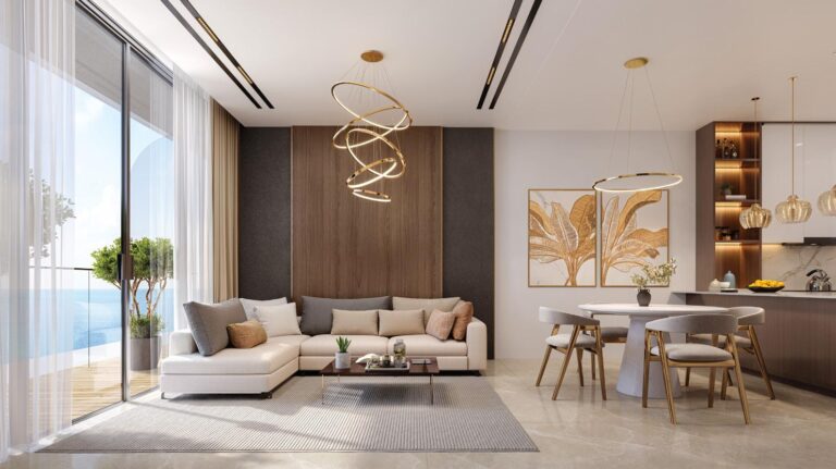Pelagia at Al Marjan Island - living and dining area with feature pendant