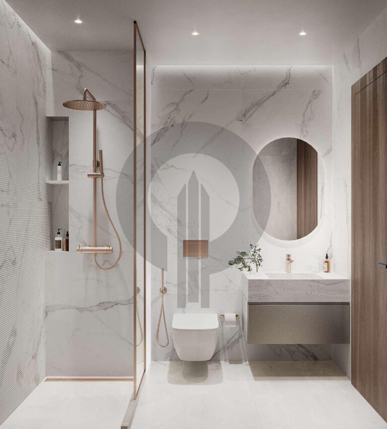 Essenlife by Object 1 - bathroom with round mirror and rain shower