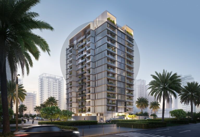 Verdania by Object 1 - residential tower with palm trees at dusk