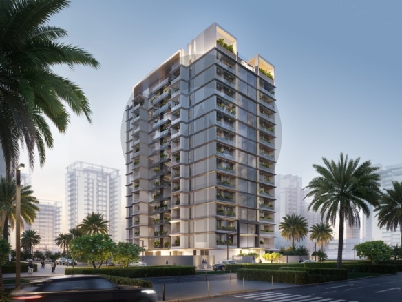 Verdania by Object 1 - residential tower with palm trees at dusk