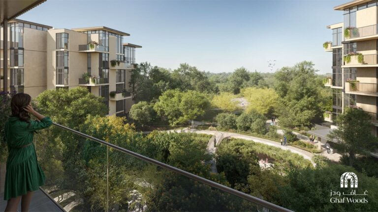 Ghaf Woods balcony view over the forest community