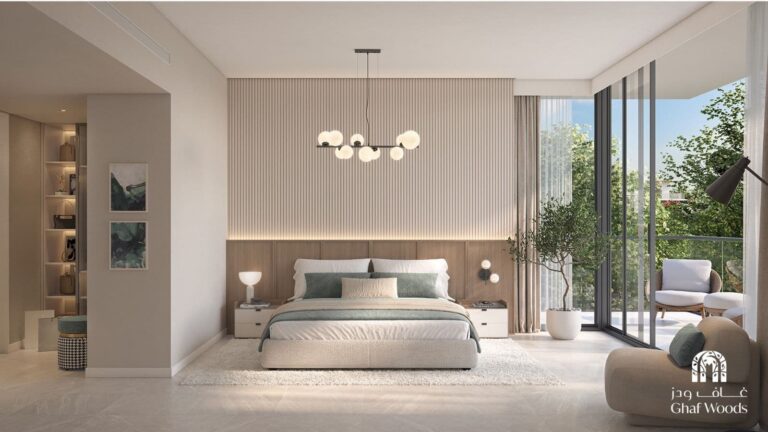 Ghaf Woods bedroom interior with balcony access