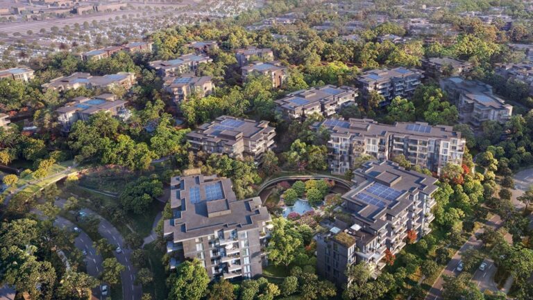 Ghaf Woods aerial view of apartment clusters among trees