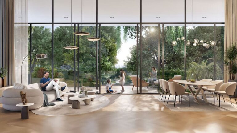 Ghaf Woods living and dining area opening to the forest