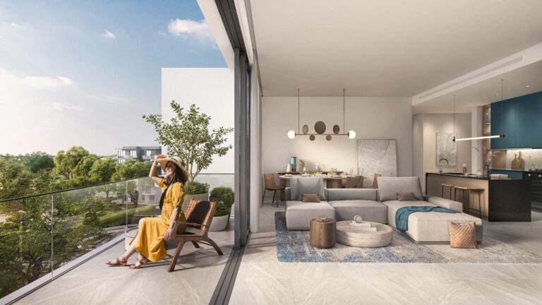 Ghaf Woods living room and terrace with greenery view